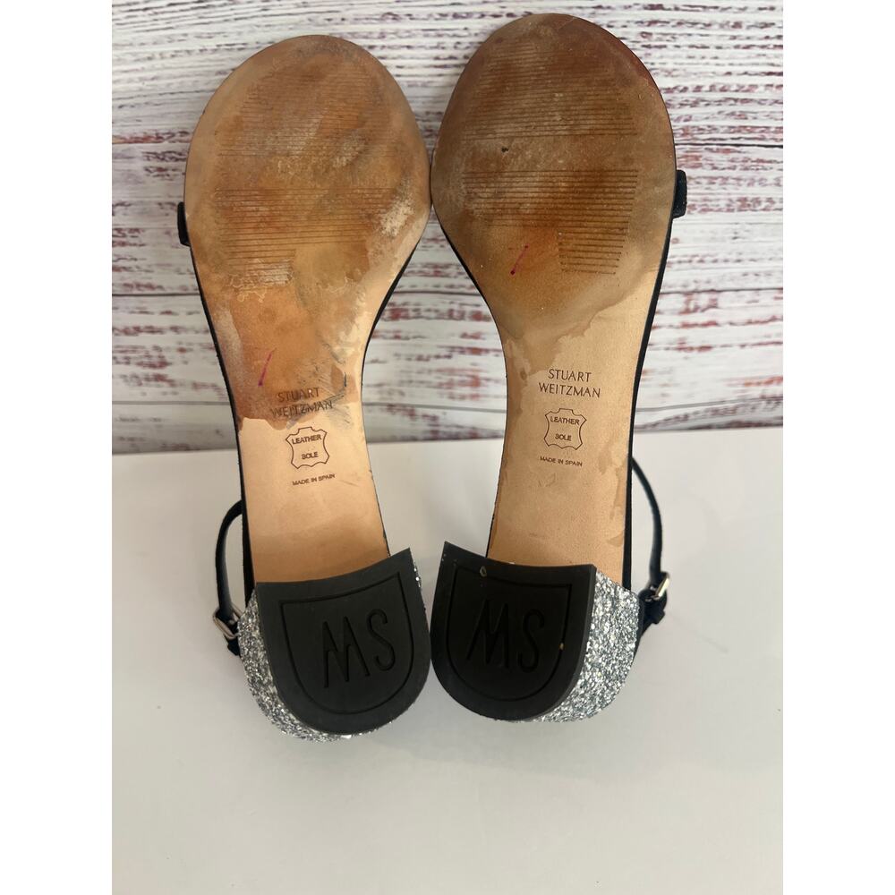 Stuart Weitzman Simplemid black suede silver glitter block heel size 9 - Picture 10 of 11